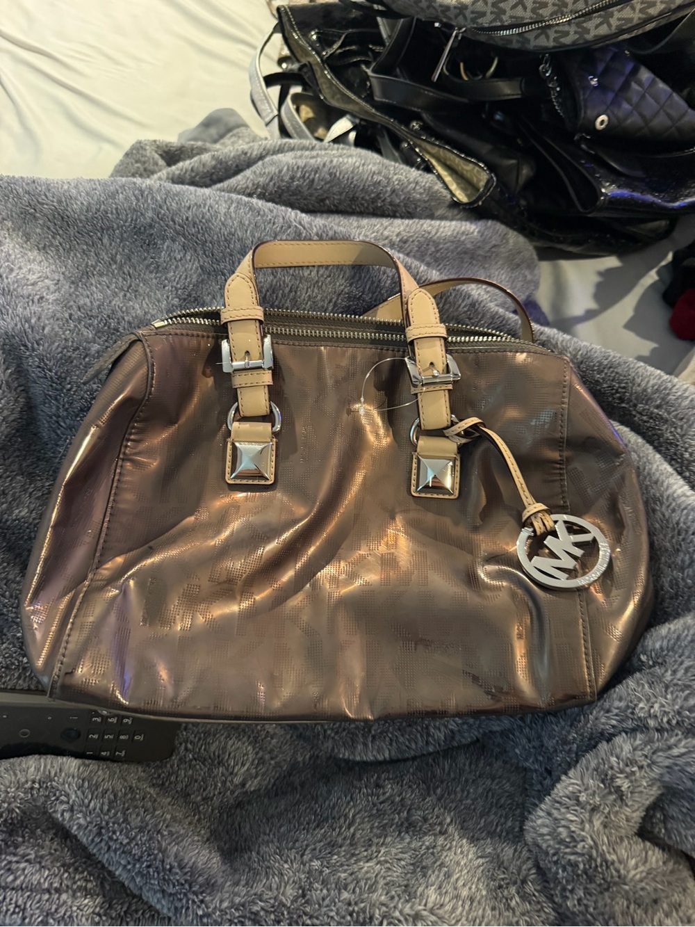 Michael Kors Metallic Bronze Satchel with Beige Handles